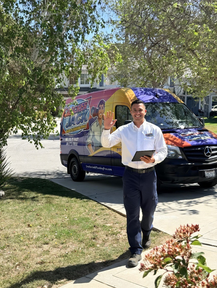 CrackerJack team member beside a branded plumbing and HVAC service van